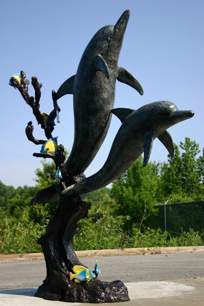 Spouting Dolphins Swimming around Coral Bronze Statue with Angel Fishes